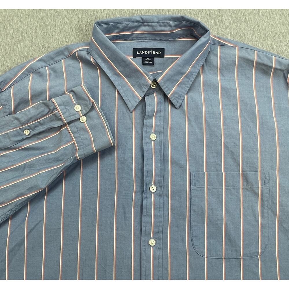 Lands End Shirt Mens XL (17 -‎ 17.5) Striped 100% Cotton Long Sleeve Button Up